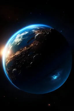 If rock n roll was a planet. View from outer space with a few bright stars with a cool glow around them and a cool glow around the planet. Picture in realism high definition style.