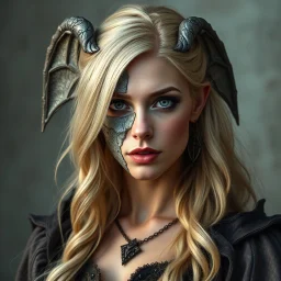 a portrait of an attractive blonde fantasy woman who is half human and half gargoyle, her face is partially made of stone, medieval, gothic