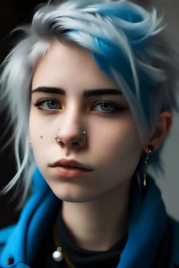 androgynous masculine teen with fluffy silver hair and blue eyesand piercings