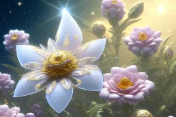  white and gold crystal subtle flower in a galactic ambiance, transparent petals, delicate colors, in the foreground, full of details, smooth, bright sunshine，soft light atmosphere, light effect，vaporwave colorful, concept art, smooth, extremely sharp detail, finely tuned detail, ultra high definition, 8 k, unreal engine 5, ultra sharp focus