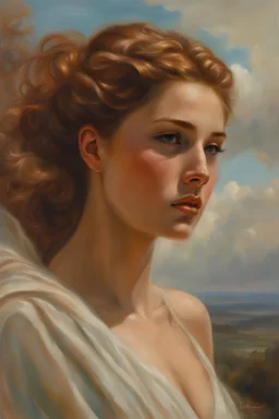Beautiful pulchritude detailed face of Eloise Webb 22 years old standing on a mountain top as Aphrodite sensual perfect face, perfectly shaped, auburn hair in a bun, robes off one shoulder , standing in ancient Rome, in the style of walter rane and steve hanks, soft pastel colors surrounded by clouds, painterly, soft, lucious, soft colors,soft textures