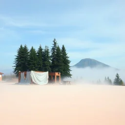 A super high definition photo of an open space with structures. A transparent tarpaulin covers a ruined building. There is a group of fir trees in the background and a high hill in the distance. The surface below is in a pastel color. Fog is present.