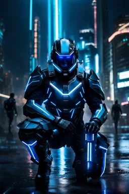 cyberpunk, neon blue, high technology, geometric figures, orbiting figures, high technology suit, cyberpunk suit, black, black and blue, epic, rain, a person in rain, neon blue suit, geometric figures orbiting around suit, exosuit, technological armour, a person wearing technological armour, cyberpunk armour, detailed armour, male, black and blue colored cybersuit, suit details, epic cybersuit, black colored suit, complex suit