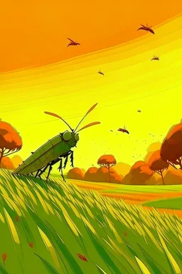 Grasshopper，Rice field，Trees，Warm color palette，Animation，Fried grasshopper