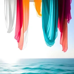 A white curtain above the sea, turquoise, pink, orange,