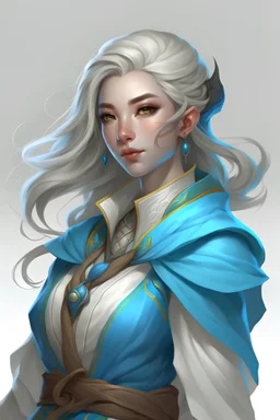young female wind genasi life domain cleric dnd warm hair blue skin