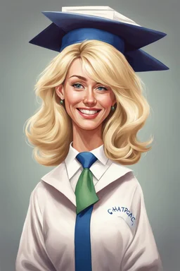 Een dom blondje die haar dokterdiploma heeft gekregen dankzij CHATGPT. superdom, karikatuur, draagt diplomahoedje. Haar outfit is roos, je ziet enkel gezicht, superkarikatuuraal en dom