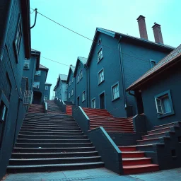 Fotografia di strada assurda e falsa orripilante blu weirdcore dai colori vivaci, liminalcore. Escher. Confusione geometrica. Scale che scendono. Yves Tanguy. Non luogo falso, inusuale. Le case sono false e dipinte di nero chiaro con cose stilizzate e dettagli. Ci sono finestrelle false quadrate, che danno un senso distopico e molto surreale, disposte in modo casuale. L'atmosfera generale sembra noiosa e onirica, con un contrasto tra elementi reali ed elementi dipinti falsi, René Magritte