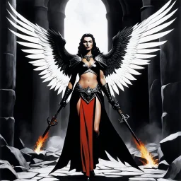 [high res photo by helmut newton] Lilitha Embervein was once a daughter of the flame-wielding cult of Pyr’Zhar, her wings ignited by sacred fire. When she defied the High Enkindler’s cruel edicts, she was cast into the volcanic prison beneath the Obsidius Spire. Now bound by heavy chains and surrounded by unquenchable flames, Lilitha awaits the moment she can shatter her bonds and reclaim her lost power.