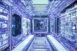 wide shot, film still from a 1960s science fiction movie, a high tech computer mainframe room, blue and ultraviolet color scheme