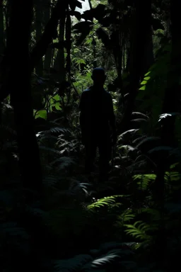A dark shadow standing in a dark and quiet forest with lots of plants and vegetation