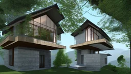 modern house by a big water falls in a karstic montain rain forest