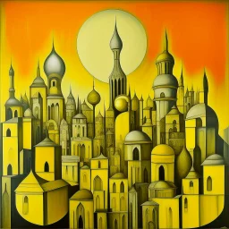 A grayish yellow futuristic city with lightbulb shaped buildings designed in Indian Gond art painted by Pablo Picasso