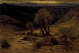 Dry trees, night, arid land, vegetations, rocks, little river, mountains, philip wilson steer impressionism painting