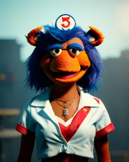 hybrid character, waitress sexy woman with monster muppet mask that covers her entire head, tray, old school tattoo, retro style, Sesame Street style, smooth, unreal engine 5, god lights, ray tracing, RTX, lumen lighting, ultra detail, volumetric lighting, 3d.