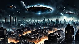 dark night city, bouldings destroyed, space ships on sky, ufos flying over city,