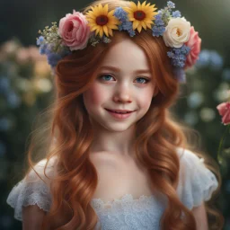 (best quality, 4k, 8k, highres, masterpiece:1.2), ultra-detailed, (realistic, photorealistic, photo-realistic:1.37),hyper realistic, smiling 1girl,long hair,looking at viewer,realistic proportions,blue eyes,hair ornament,dress,very long hair,flower,red hair,parted lips,necklace,white dress,orange hair,lips,blurry background,freckles,realistic,head wreath,orange flower,realistic portrait