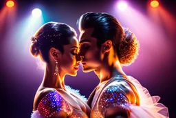 very beautiful a ballet male and female dancers couple in very pretty clothing dancing ,hyper realistic ,disco lights,very luxury dance stage ,with nice light sources and devices in stage, close up