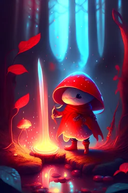 cute magical red mushroom with a human body , sword and red cape cooking soup in the forest , glow, shiny , fantasy