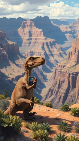 A dinosaur holding an iPhone at the Grand Canyon valley, in surrendered by the high Grand Canyon mountains the desert, in a forgotten battlefield over run by vegetation, cutesy tiktok detailed oil painting, grainy, old style