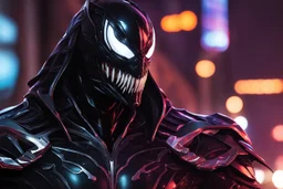 Venom Shredder in 8k solo leveling shadow artstyle, reaper them, close picture, rain, Shredder helmet, neon lights, intricate details, highly detailed, high details, detailed portrait, masterpiece,ultra detailed, ultra quality