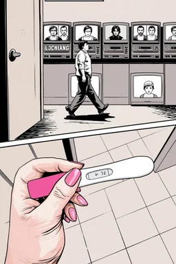 uncolored comic book page: top panel(man on his way out the door walks past a display of televisions on which a bulletin of wanted criminals mugshots appears, higher over the shoulder camera perspective), bottom panel(pov a woman's hand with acrylic nails holding a pregnancy test that shows a positive result, tile floor below), panels divided at a 30 degree angle