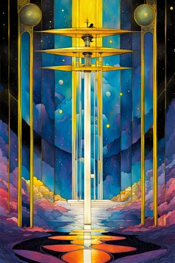 Create a chaotic abstract cubist Tarot Card depicting , The Nine of Swords , in the style of Bill Sienkiewicz, Philippe Druillet, Gustav Klimt, and Jean Giraud Moebius, precisely drawn, colored and inked, with ornate bordered edges