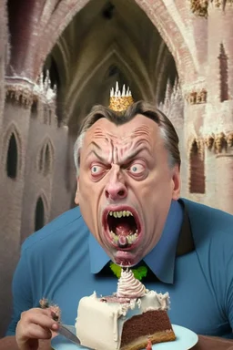 ugly viktor orban being afraid eating cake in a castle