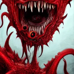 red, monster, tentacles, teeth, horror, detailed, realistic, gore, eyes, 8K, fantasy, scary, demonic, hyperrealism, huge, blood, creature, highly detailed, volumetric lighting, sharp focus, elegant, photorealism, dramatic