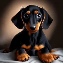 Disney style picture of a black and tan short hair dachshund puppy of 7 months.