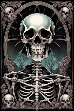 Digital vintage, highly detailed gothic skeleton illustration, alphonso mucha style, storybook illustration, dark fantasy, muted duotone dark background, light rays beaming out of the eye sockets, sci-fi, retrofuturism illustration art style, horror art, scifi, 70s cartoonist drawing style, electric colors, horror expression on skull, vintage classic horror art movie poster, grainy, gothic