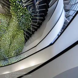 10 Grenelle, biomorphic structure , stunning staircase which serves as the centerpiece of the scheme,bioluminescence, centrepiece,France, interior design, Les Echos, Le Parisien, LVMH, media division, minimalist, office environment, parametric sculpture, Paris, refined details, white marbles stature,shooting star backround , masterpiece of Ora Ito