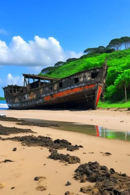 A shipwreck on a beach that has a kuo-toa camp on it