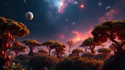 A cosmic garden where planets grow like fruit on trees, with glowing nebulae and distant galaxies as the backdrop. Beautiful award-winning colour photograph, balanced delightful composition, perfect lighting, superb detail, 16k render