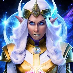 cosmic mage, elf, female, battle mage, epic, cosmic magic, long ears, white hair, face details, pale skin, jewellery, broad shoulders, glowing eyes, sharp ears, cosmic clothes, bright eyes, cosmic eyes, ears shown, light out of eyes, the cosmos in eyes, stars in eyes, shining eyes, small jaw, non human face, thin face