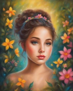 Oil pastel painting of a beautiful girl, fantasy, dream, forest, sparkles background, glow, cute face, beautiful, oil pastel painting, fantasy art, fairy, young girl, beautiful portrait painting, flowers, colorful, inspired by Thomas Kinkade, fine art, 8k