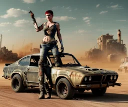 Realistic image. Mad max car. BMW 4 series, 2023 version. add mad max style woman standing in front of car. 4k resolution, intricate details, ornate details, soft lighting, vibrant colors, retroanime, futuristic cityscape background