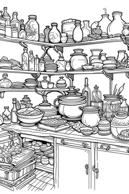 A witch's kitchen with shelves filled with potion ingredients and a bubbling cauldron. Outline, sketch style, only use outline, mandala style, clean line art, white background, no shadows, no clear wall, coloring page.