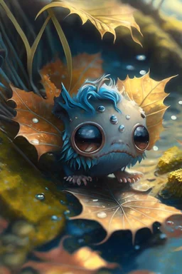 cute tiny ocean demon sitting on a fallen leaf, intricately detailed, photorealistic, oil on canvas, trending on art station, high definition, hdr, cute, beautiful in sunshine