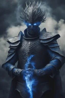 blue smoke in a shape of humanoid of colour of a storm wearing a scalemail armor