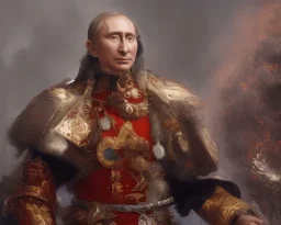 evil Russia president Vladimir Putin satan with fangs , Moscow in fire