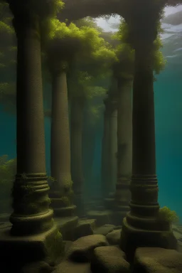 Stone pillars in the sea, covered in vegetation