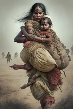 an indian warrior mother in war field carrying her baby on her back