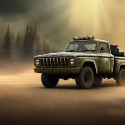 very very very hyperrealistic shot, military pickup truck, heavy guns firing on back, monotone color palette, sharp focus, puddle reflection, tire water splash, refraction, mist on the horizon, shadowcast, god rays, very very very very detailed and intricate, cinematic composition, macro, tilt shift photography