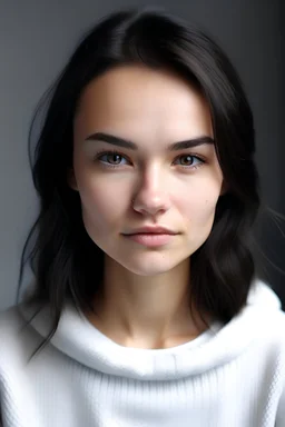 young woman, round cheeks, long and full eyelashes, round bug eyes, full and plump lips, closed mouth, light skin, dimpled cheeks, defined eyebrows, dimples, flat forehead, dark eyes, round chin, long dark hair, straight teeth, white sweatshirt, light make up,