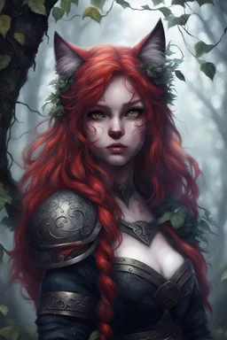 CAT GIRL, FANTASY, FORESTY, VINES, SOULLESS, FLUFFY TAIL, VIKING RED HAIR, METAL