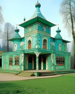 A mint colored Russian cybernetic palace designed in Indian Gond art painted by Paul Klee