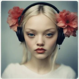 Polaroid head shot of doll faced gemma ward,, pouty bee sryng lips, red nose, hair adorned with strange flowers, red cheeks and nose, headphone