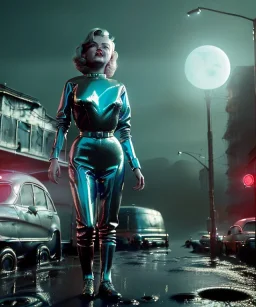 Ultra Realistic retro sci-fi 1960 scene, waist up view portrait, blonde woman, sweet young Marilyn Monroe face, perfect iris, tight latex coat, Strange planet background, Retro sci-fi style latex helmet, fog, rain, soft color, highly detailed, unreal engine 5, ray tracing, RTX, lumen lighting, ultra detail, volumetric lighting, 3d, finely drawn, high definition, high resolution.