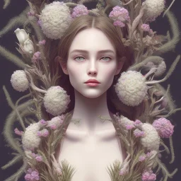 yarrow, yew, dried roses,wormwood, rue, lilies, locust branches, asphodel, cypress wood woman, beautiful face, long hair